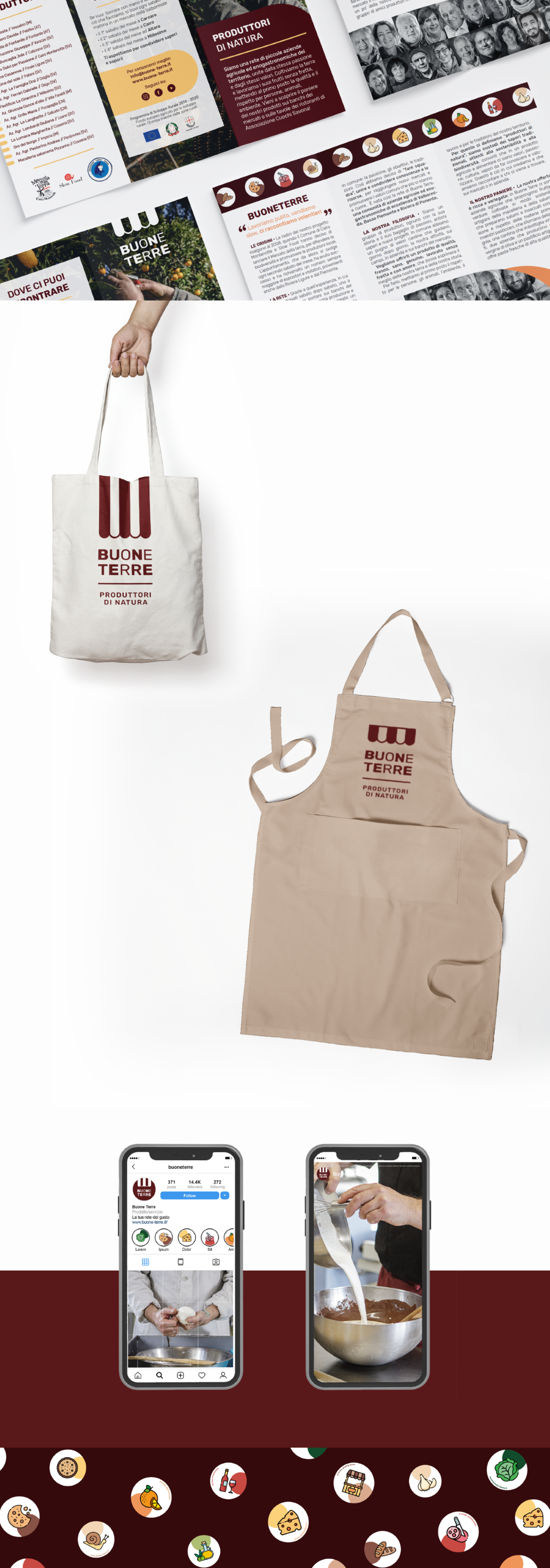 Mockup brochure, grafica e social media per Buone Terre, Liguria